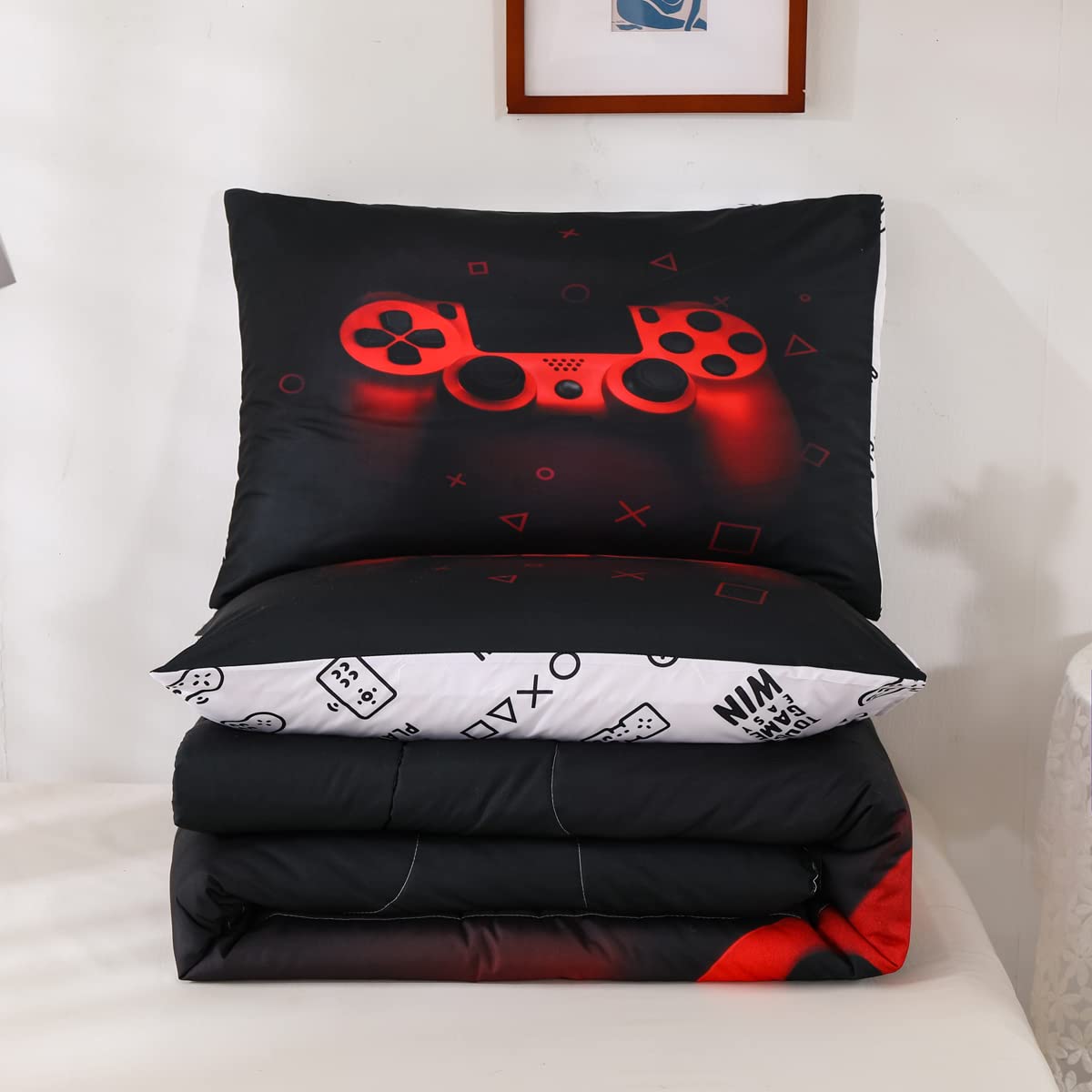 Boys Gamer Comforter Set Full Size,Gamepad Bedding Set Kids Young Man Video Games Down Comforter For Teen Child Game Room Decor