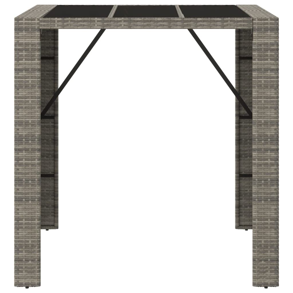 vidaXL Modern Outdoor Bar Table with Tempered Glass Top and PE Rattan Construction, Rectangular Gray Pub Table for Patio, Garden, and Living Spaces
