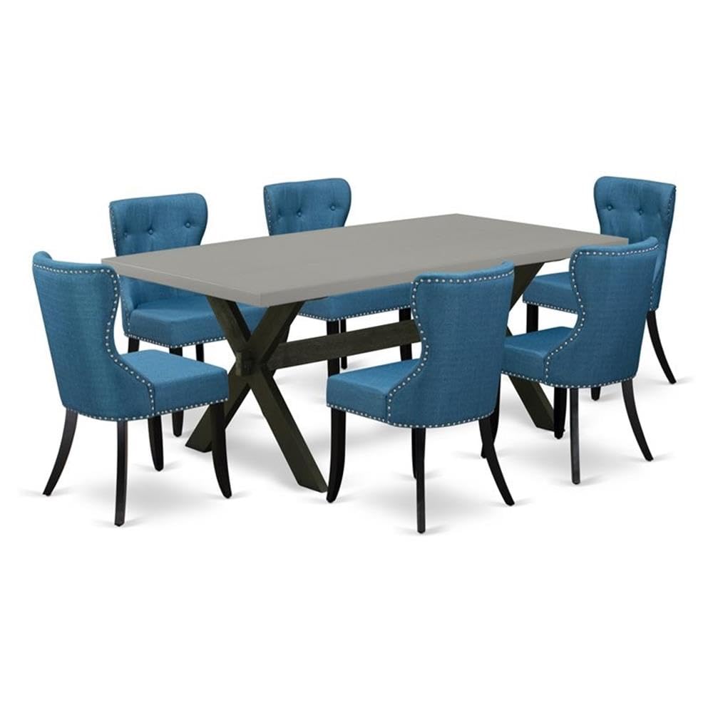 East West Furniture X697Si121-7 7 Piece Dining Room Table Set Consist Of A Rectangle Dining Table With X-Legs And 6 Blue Linen Fabric Upholstered Parson Chairs, 40X72 Inch, Multi-Color