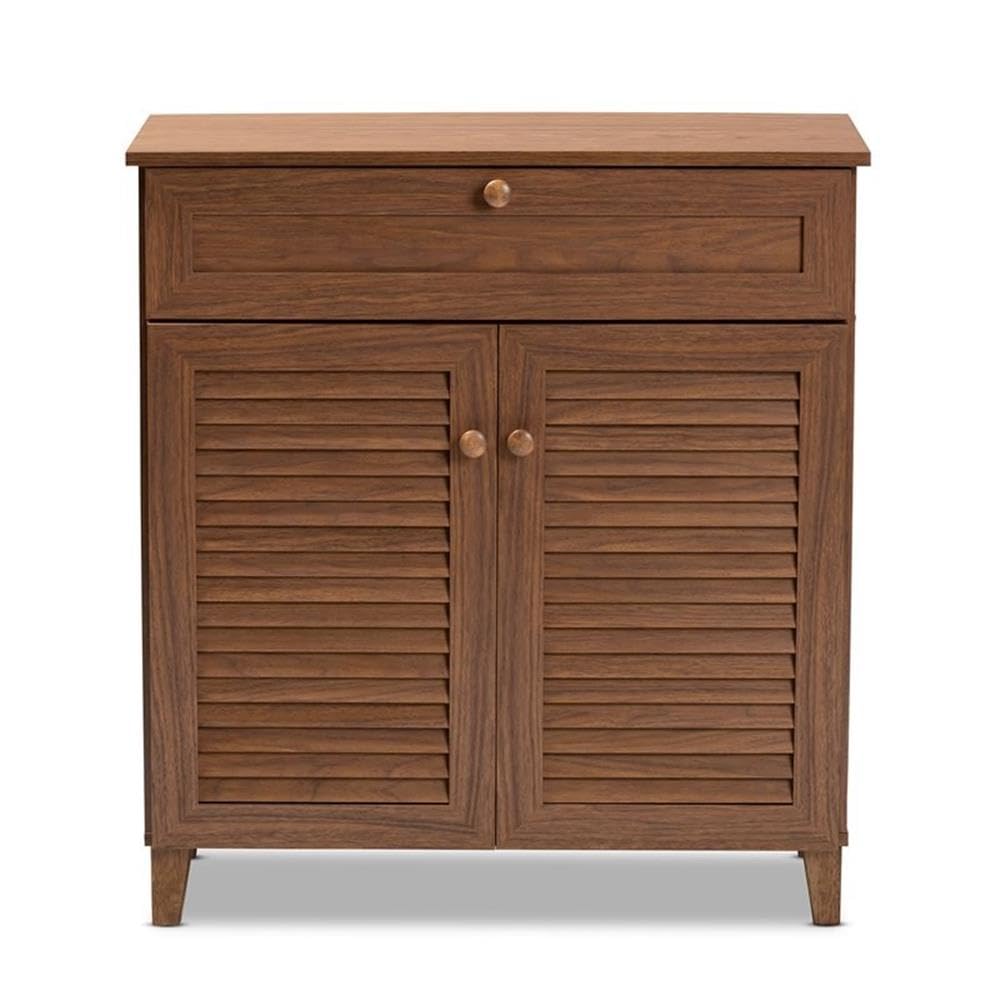 Baxton Studio Coolidge Modern and Contemporary Walnut Finished 4-Shelf Wood Shoe Storage Cabinet with Drawer