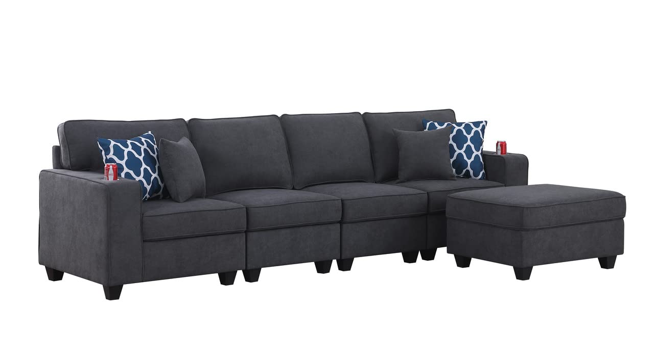 Lilola Home Cooper Stone Gray Woven Fabric 4-Seater Sofa with Ottoman and Cupholder