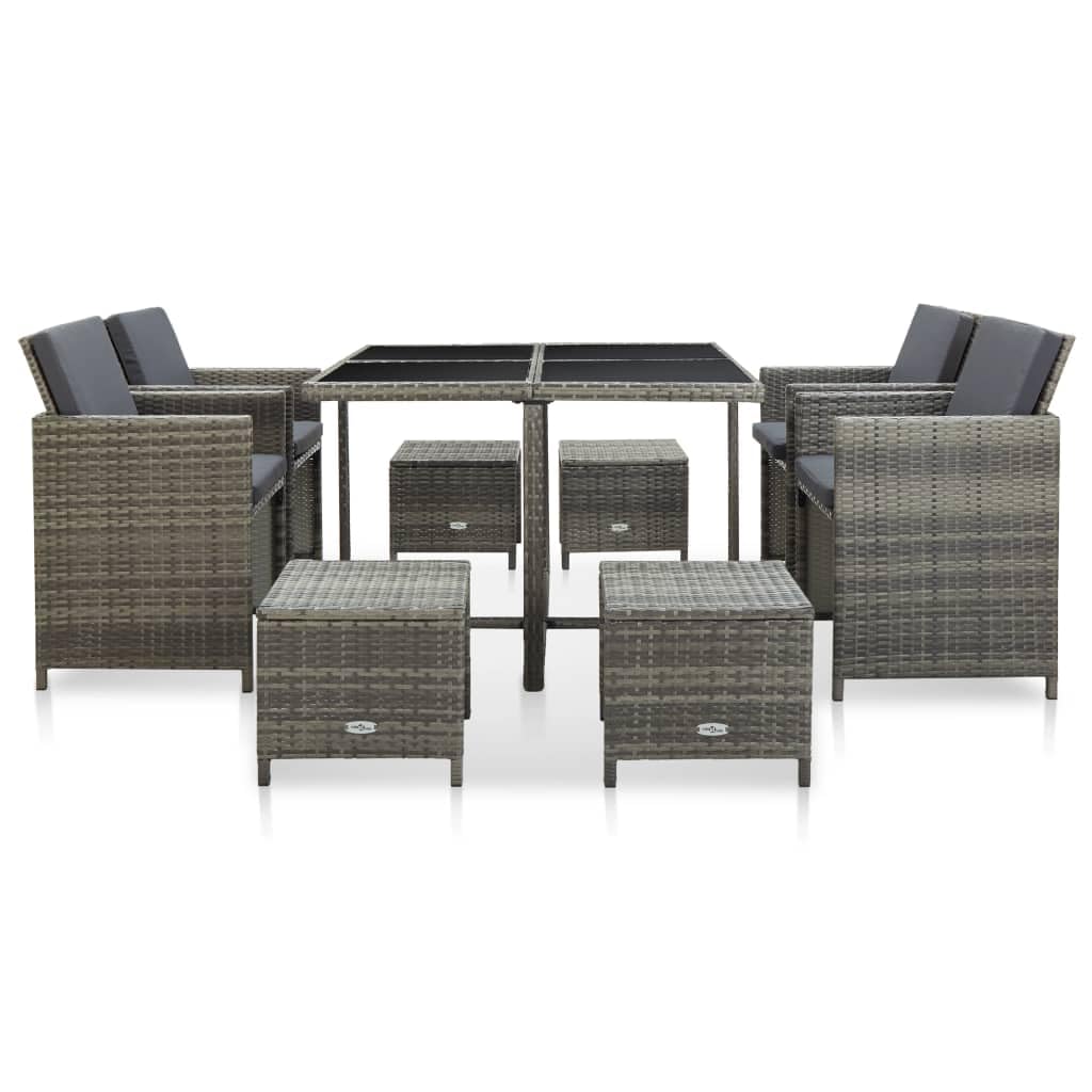 JeeKan 9 Piece Outdoor Dining Set with Cushions Poly Rattan Gray