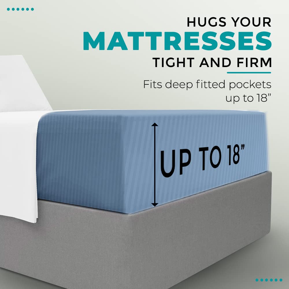 Feather & Stitch 100% Cotton 1 Piece Damask Stripe Full Fitted Sheet 500 Thread Count Blue 18 Inch Extra Deep Pocket Luxury Sateen Weave Stretchable Boxer Elastic Fits Mattress Perfectly