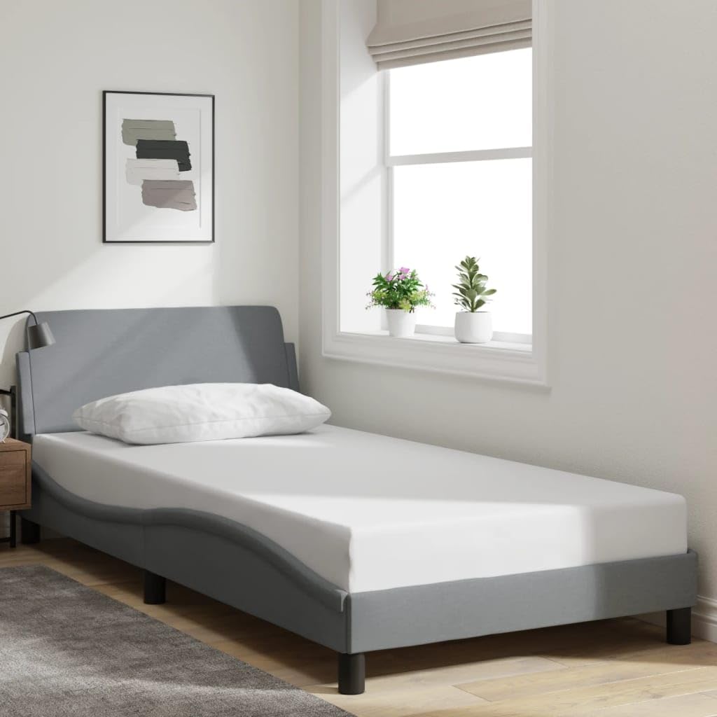 vidaXL Elegant Single Bed Frame- Fabric, Light Gray 39.4&quot;x74.8&quot;, Supportive Legs, Plywood Slats, Stylish Headboard