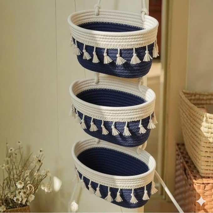 Vihs 3 Tier Hanging Storage Basket Cotton Rope Wall Mounted Organizer with Tassels Decorative Boho Shelf for Bathroom Bedroom Ki