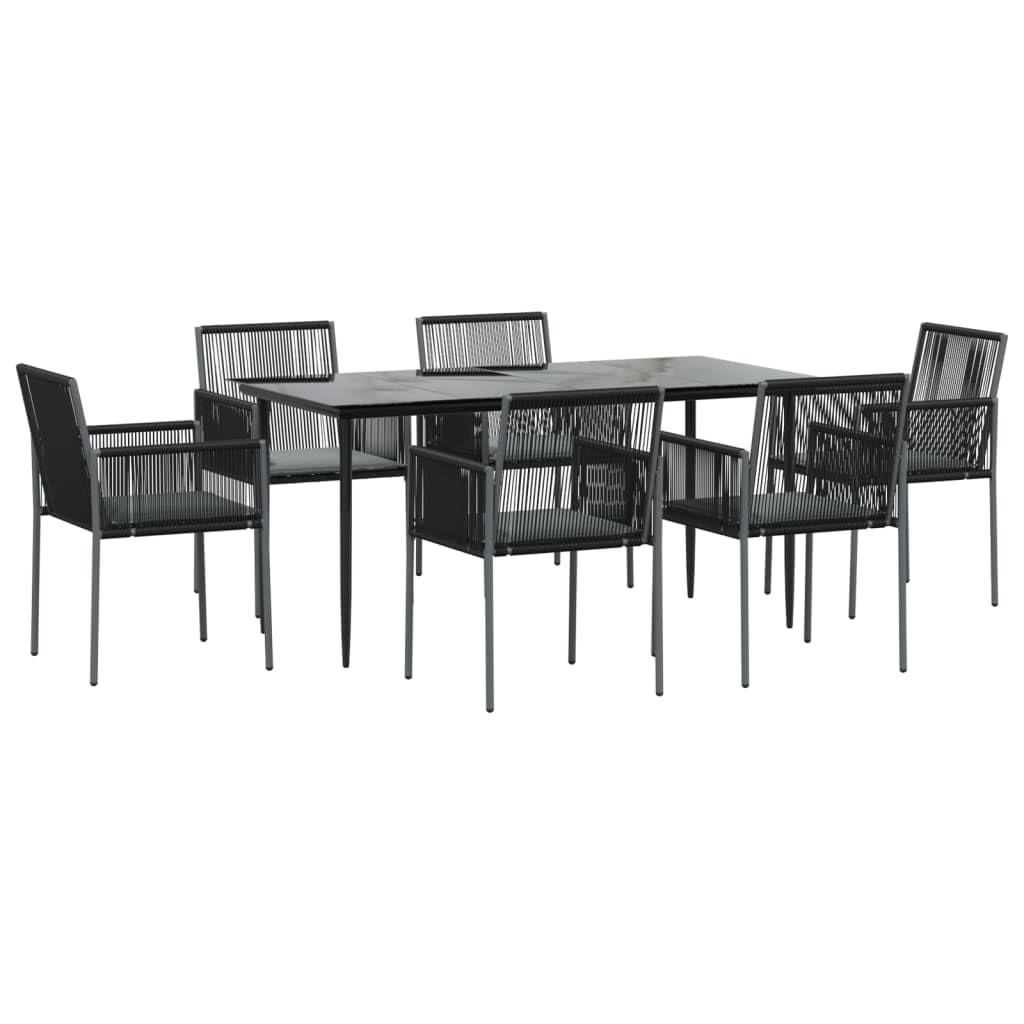 vidaXL Comfortable Patio Dining Set with Cushions - Weather-Resistant Black Poly Rattan and Steel Construction - 7 Pieces - Rectangular Glass Top Table - 6 Chairs with Armrest and Backrest - Light...