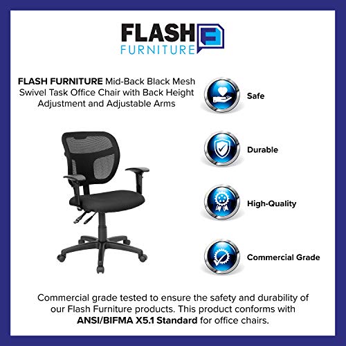 Flash Furniture Pellen Mid-Back Black Mesh Swivel Task Office Chair with Back Height Adjustment and Adjustable Arms