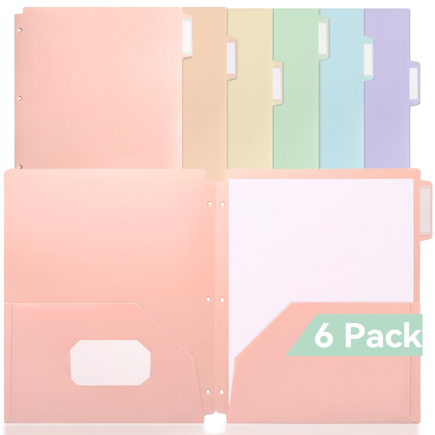 Sortrax Plastic Folders With Pockets 3 Hole Punched, 6 Pack Pastel Pocket Folders For 3 Ring Binder, Unique 1/3 Cut Tabs With Co