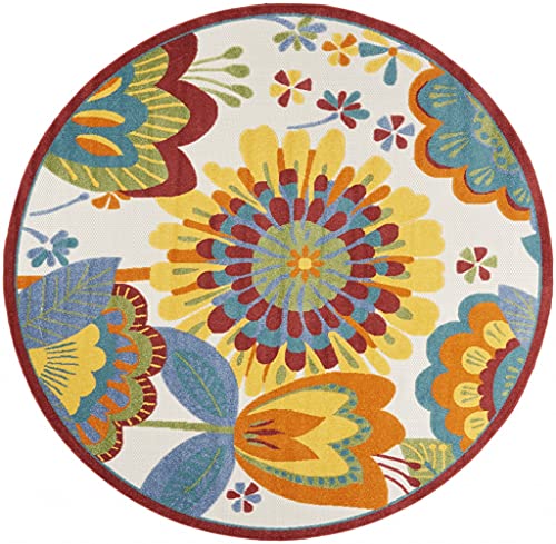 HomeRoots Multicolor 100% Polypropylene 8’ Round Yellow and Ivory Indoor Outdoor Area Rug