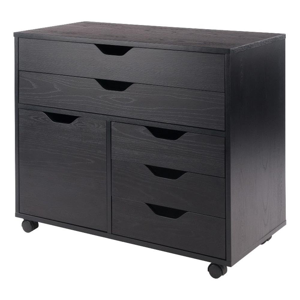 Winsome Halifax Storage Mobile Cabinets, 1 Door, 3 Drawers, 2 Wide Drawers, for Home Office, Black