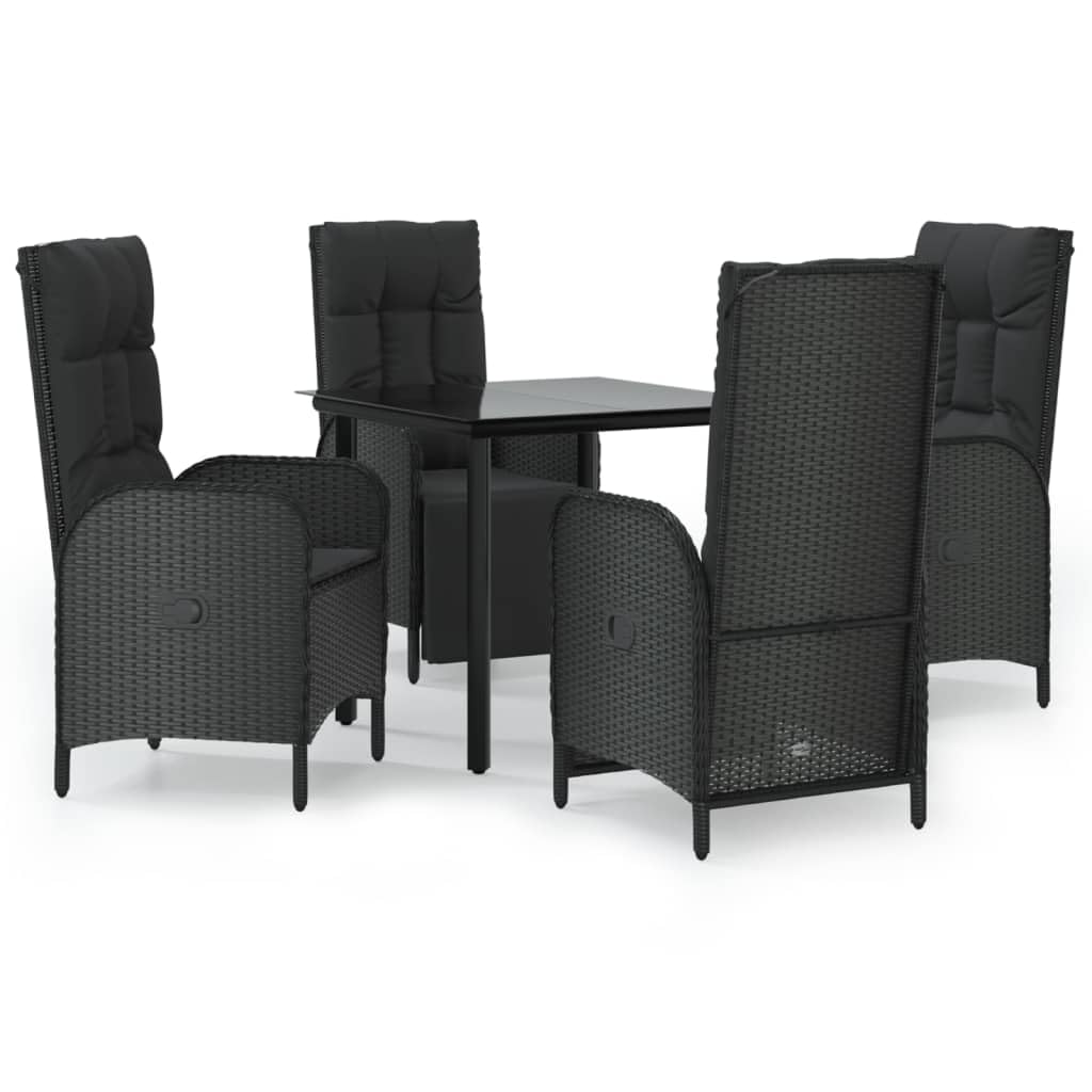 vidaXL 5-Piece Patio Dining Set - Black Poly Rattan, Weather-Resistant, Reclining Chairs, Tempered Glass Table for Outdoor/Garden