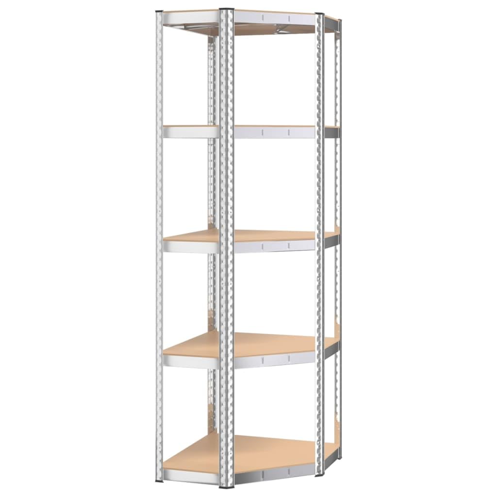 Vidaxl Corner Shelf Unit, 5-Layer Storage Solution, Durable Silver Galvanized Steel And Engineered Wood, Versatile Industrial Style, For Home Or Office