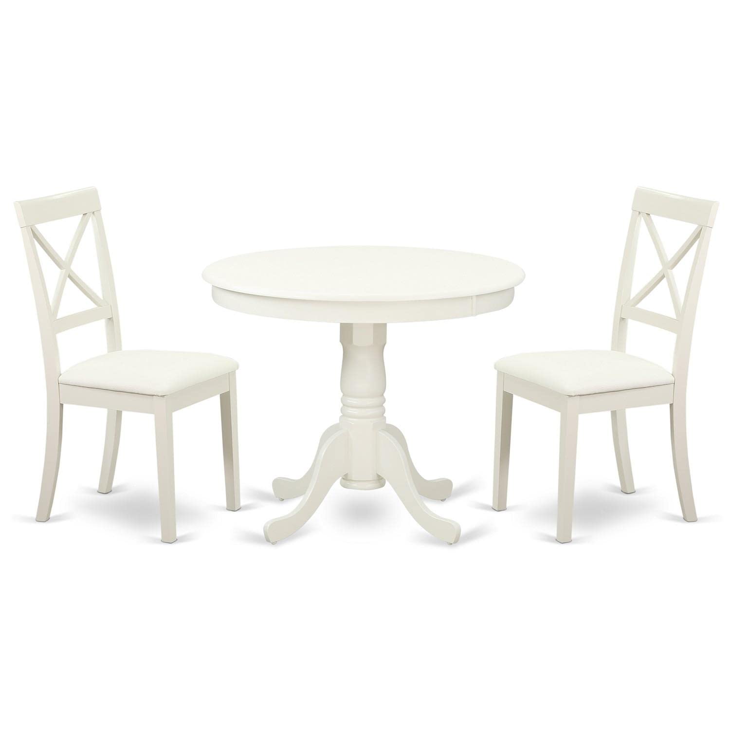 East West Furniture Anbo3-Lwh-Lc 3 Piece Modern Dining Table Set Contains A Round Kitchen Table With Pedestal And 2 Faux Leather Kitchen Dining Chairs, 36X36 Inch, Linen White