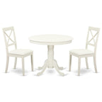 East West Furniture Anbo3-Lwh-Lc 3 Piece Modern Dining Table Set Contains A Round Kitchen Table With Pedestal And 2 Faux Leather Kitchen Dining Chairs, 36X36 Inch, Linen White