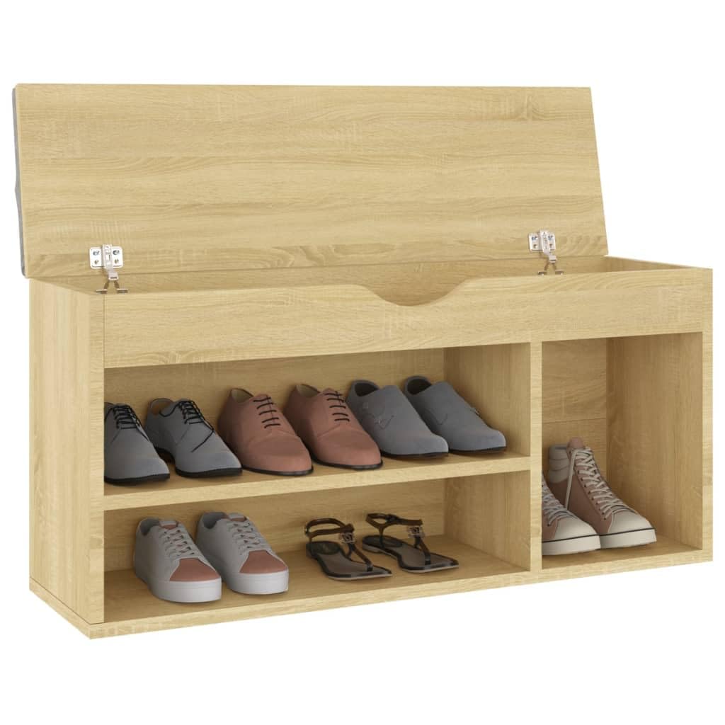 vidaXL Shoe Bench with Storage Cabinet, Comfortable Cushion, Sonoma Oak Finish, Engineered Wood and MDF, 40.9&quot;x11.8&quot;x19.3&quot;