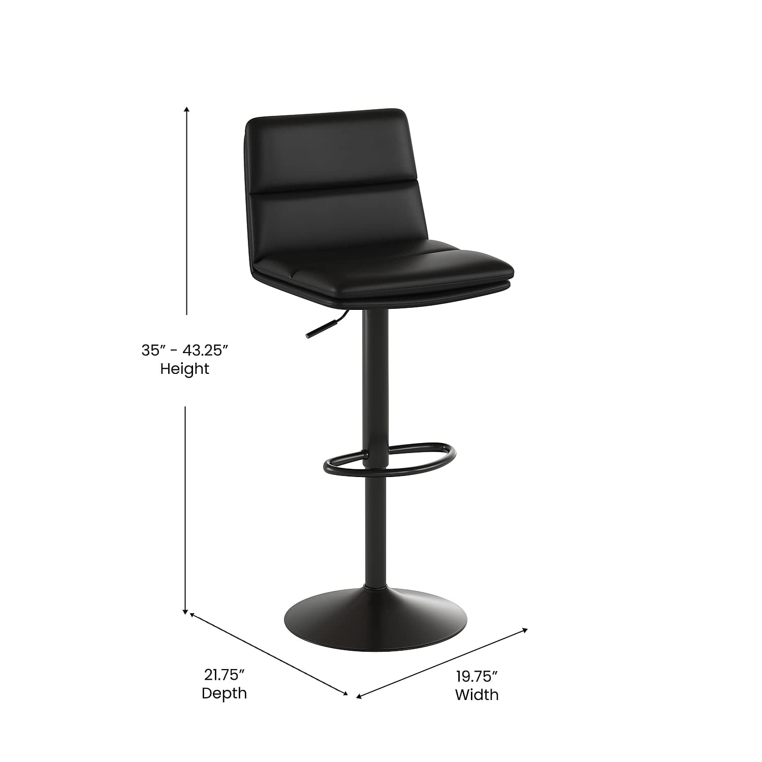 Flash Furniture Hughes Set of 2 Modern Commercial Grade Barstools - Black LeatherSoft Upholstery - Adjusts from Counter to Bar Height - Mid-Back - Channel Stitching