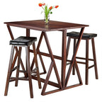 Ergode Harrington Drop Leaf High Table Set - 29-Inch Walnut Finish - Space-Saving Design, Swinging Gate Leg, Includes 2 Cushion Bar Stools - Perfect for Kitchen or Dining - Solid Wood, Easy Assembly