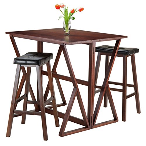 Ergode Harrington Drop Leaf High Table Set - 29-Inch Walnut Finish - Space-Saving Design, Swinging Gate Leg, Includes 2 Cushion Bar Stools - Perfect for Kitchen or Dining - Solid Wood, Easy Assembly