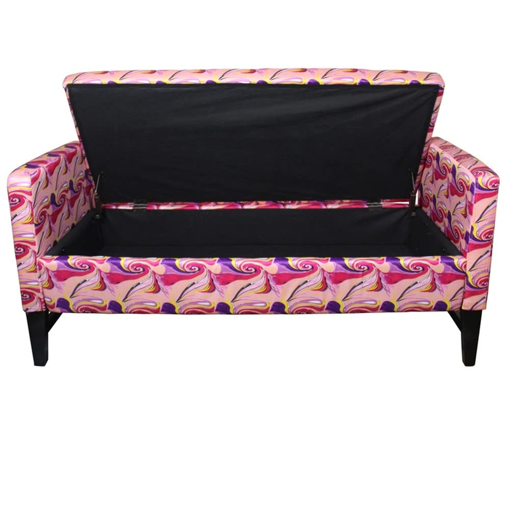 HomeRoots Pink/Purple Wood, Polyurethane Foam: 97%, Polyester Fabric: 3% Modern Hot Pink and Purple Abstract Print Storage Bench