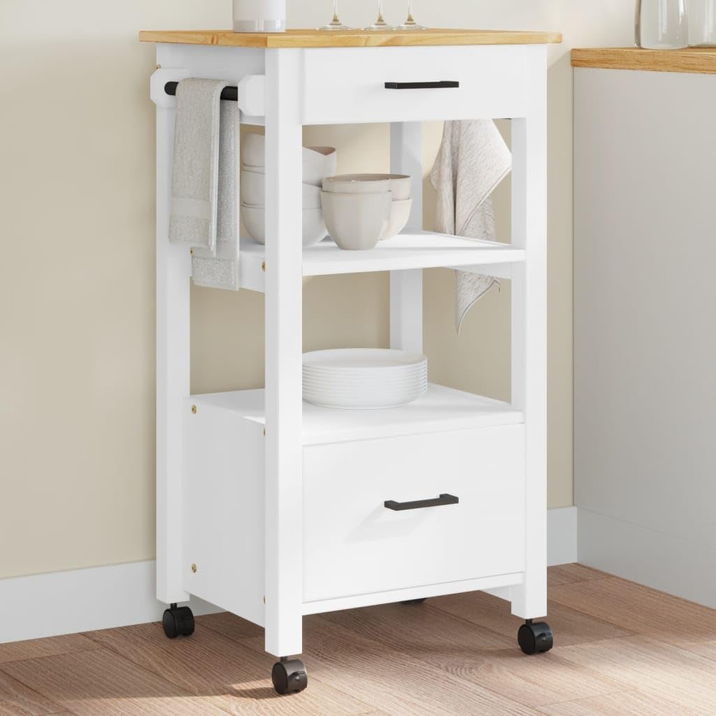 vidaXL Solid Pine Wood Kitchen Trolley - White/Honey Wax Finish, 2-Drawer Organizer Cart on Wheels for Kitchen/Living Room, 18.9x15.7x35.4 inch
