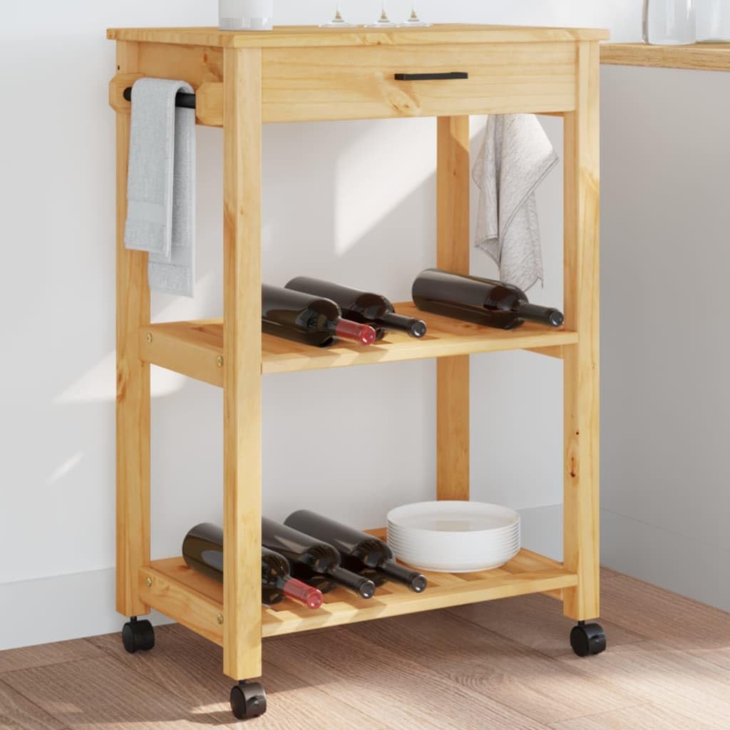 vidaXL Wooden Kitchen Trolley - Rolling Utility Cart with Drawer, Shelves & Hooks, Honey Wax Finish, Solid Pine Wood