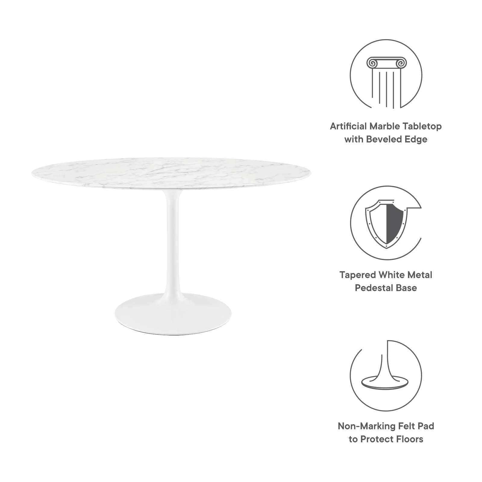 Modway Lippa 54" Oval-Shaped Mid-Century Modern Dining Table with Artificial Marble Top and White Base