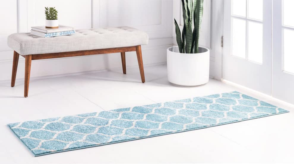 Unique Loom Trellis Frieze Collection Area Rug - Rounded (2' X 8' 8'' Runner, Light Blue/ Ivory)
