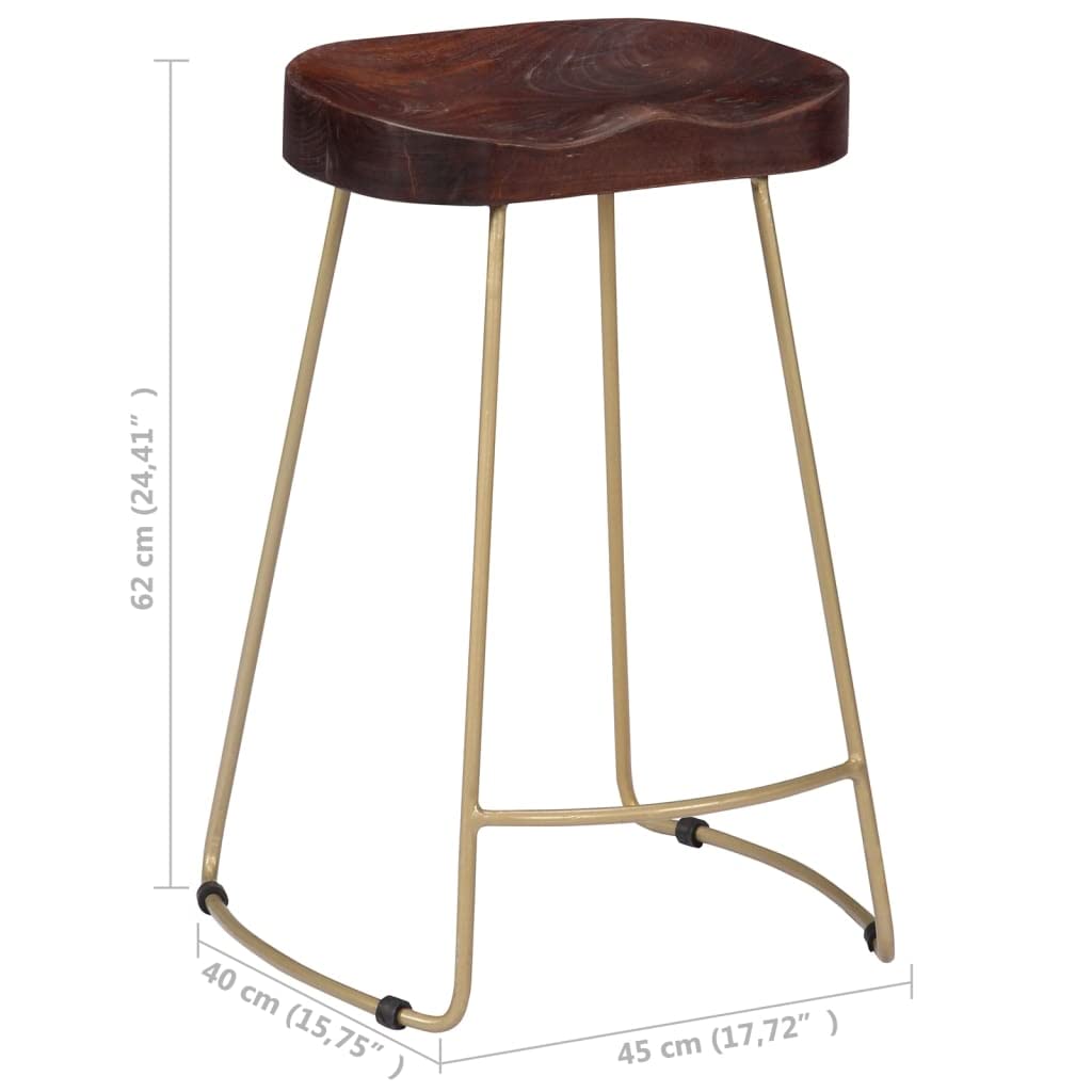 vidaXL Bar Stools - Gavin Design - Solid Mango Wood & Brass Iron - Set of 2 - Walnut Finish - 17.7" W x 15.7" D x 24.4" H