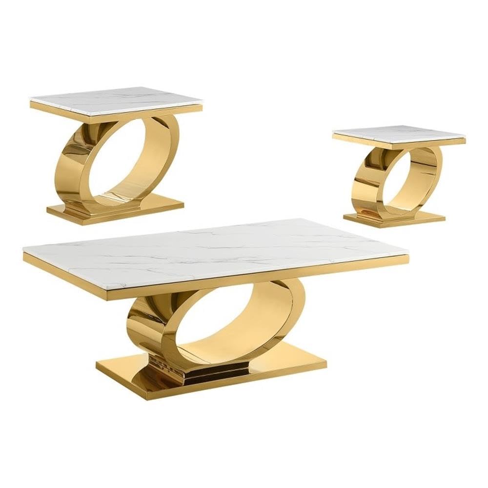 Best Quality Furniture Ct433 Coffee Set, 3-Piece With 2 End Tables, White/Gold