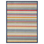 HomeRoots Ivory UV-Treated Polypropylene 5’ x 7’ Navy Colorful Striped Indoor Outdoor Area Rug