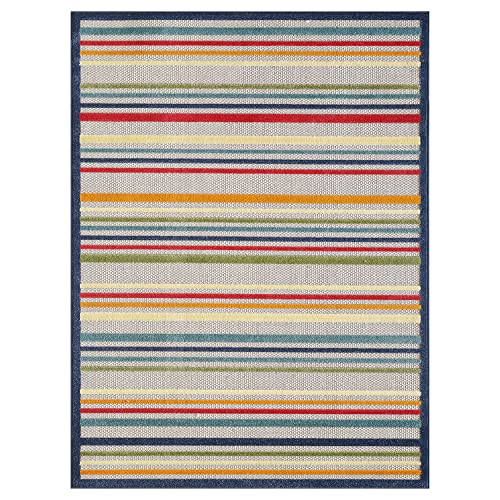 HomeRoots Ivory UV-Treated Polypropylene 5’ x 7’ Navy Colorful Striped Indoor Outdoor Area Rug