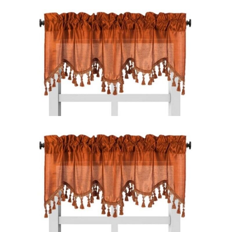 Solid Faux Silk Swag Waterfall Cascade Ascot Window Curtain Valance W/Tassels Trim 55' X18' Wave (2, Brick)