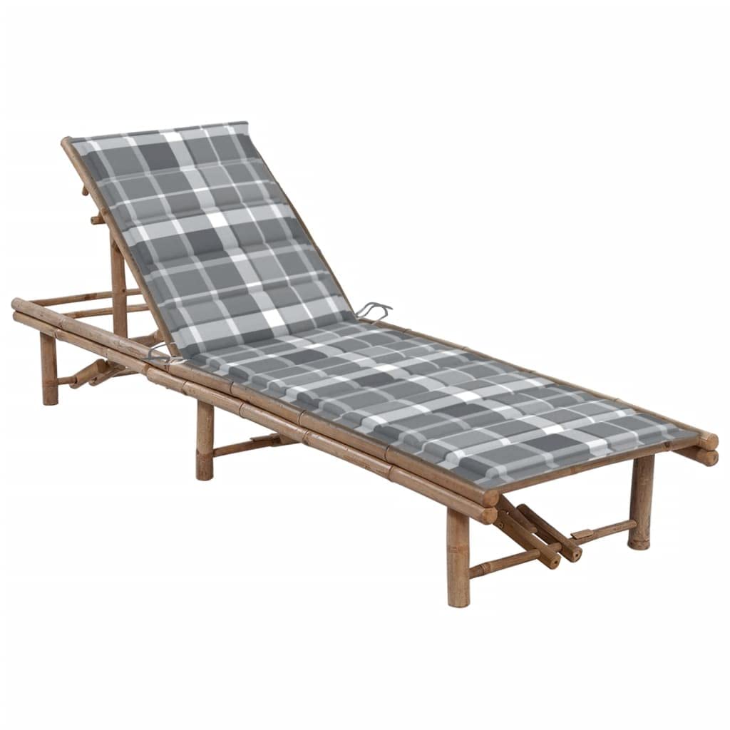 Vidaxl Bamboo Patio Sun Lounger With Adjustable Recliner And Blue Cushion For Garden/Outdoor