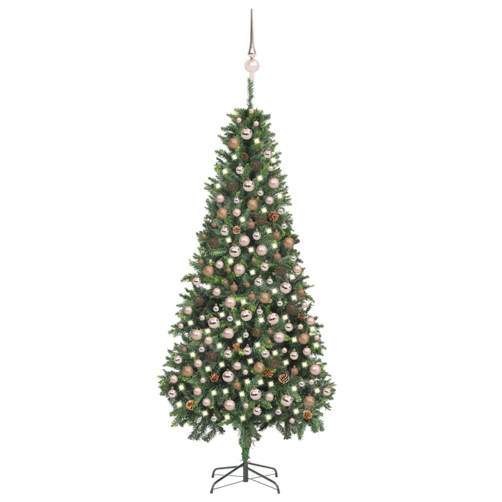 vidaXL Artificial Pre-lit Christmas Tree with Pine Cones and Ball Set - 82.7&quot; Tall, 300 LEDs, Green Glitter Tips, Iron Base, USB Connector