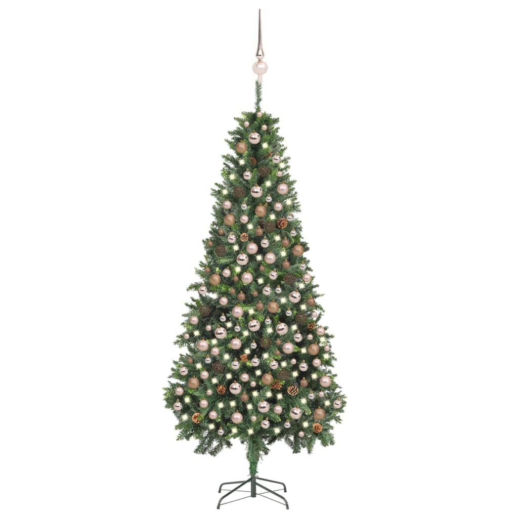 vidaXL Artificial Pre-lit Christmas Tree with Pine Cones and Ball Set - 82.7" Tall, 300 LEDs, Green Glitter Tips, Iron Base, USB Connector