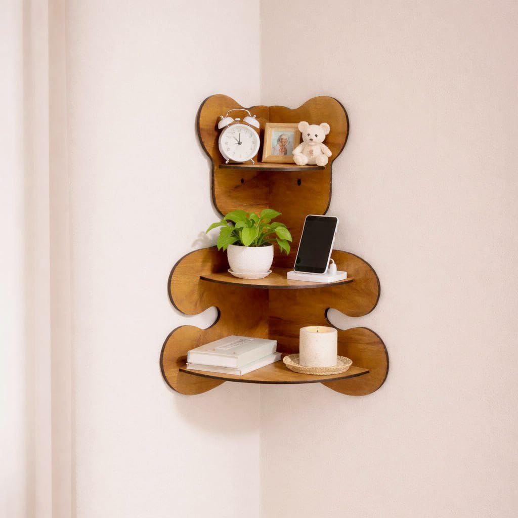 Qukwilaa Wooden Corner wall Shelf for Living Room & Kids Bedroom,Stylish Teddy Bear Shape Stand for Book & Home Decoration Rack 