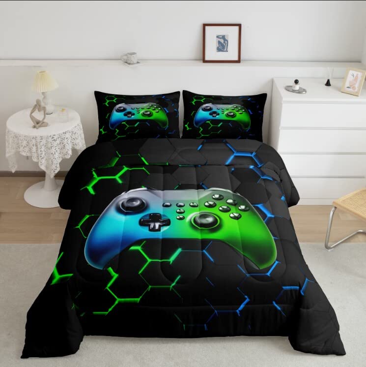 Castle Fairy Games Reversible Comforter Set Queen Size Blue Green Modern Honeycomb Hexagon Bedding Set For Kids Boys Bedroom Dec