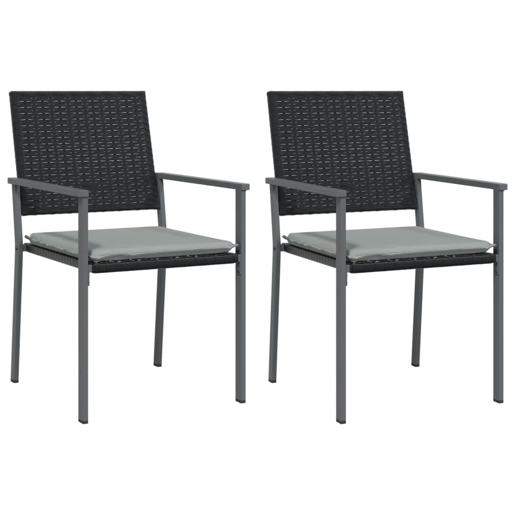 vidaXL 3 Piece Patio Dining Set - Poly Rattan and Steel Frame - Weather Resistant, Black Rattan Chairs and Black Glass Tabletop with Light Gray Cushions
