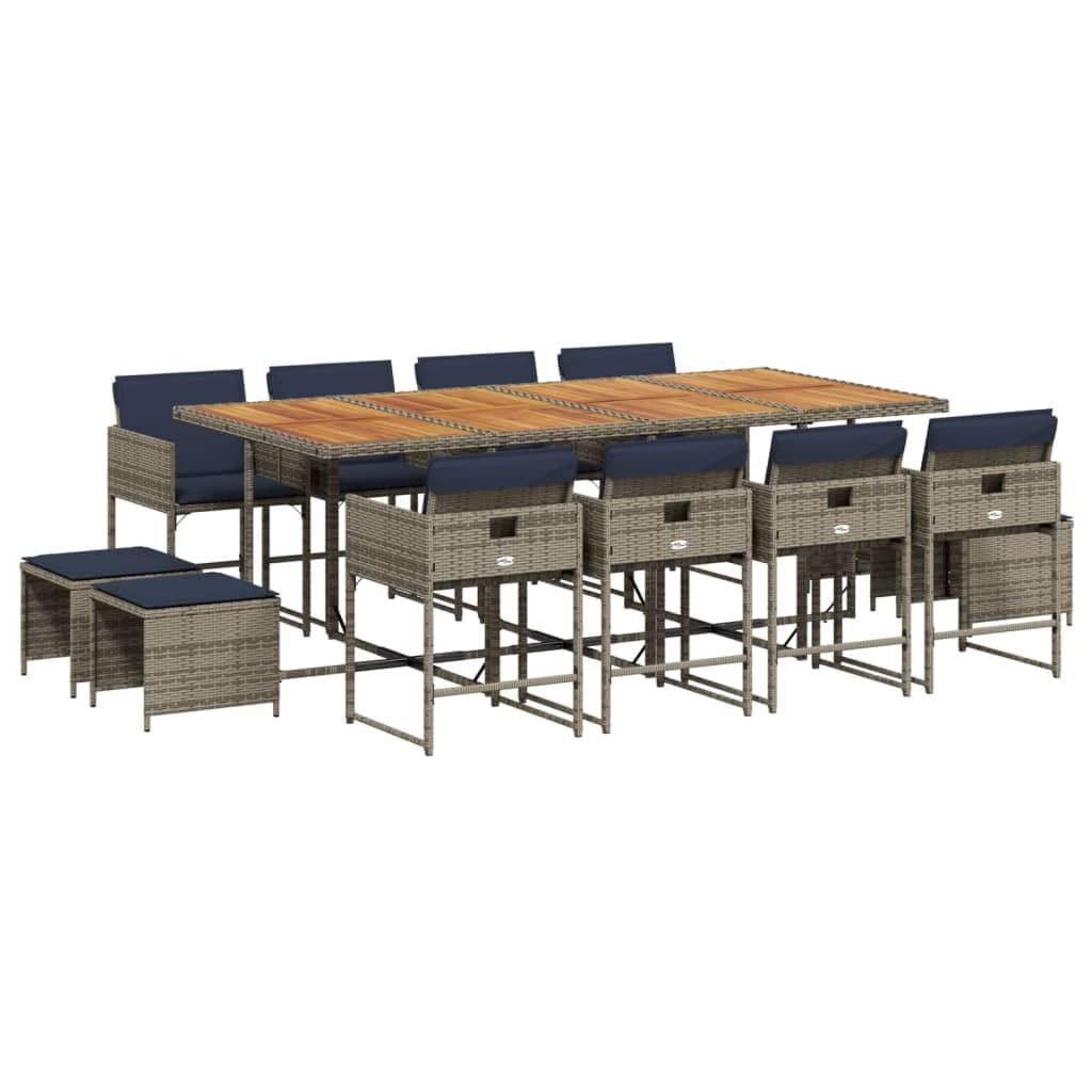 vidaXL Outdoor Patio Dining Set with Cushions - 13 Piece Garden Furniture - Gray Poly Rattan with Acacia Wood Table - Space Saving