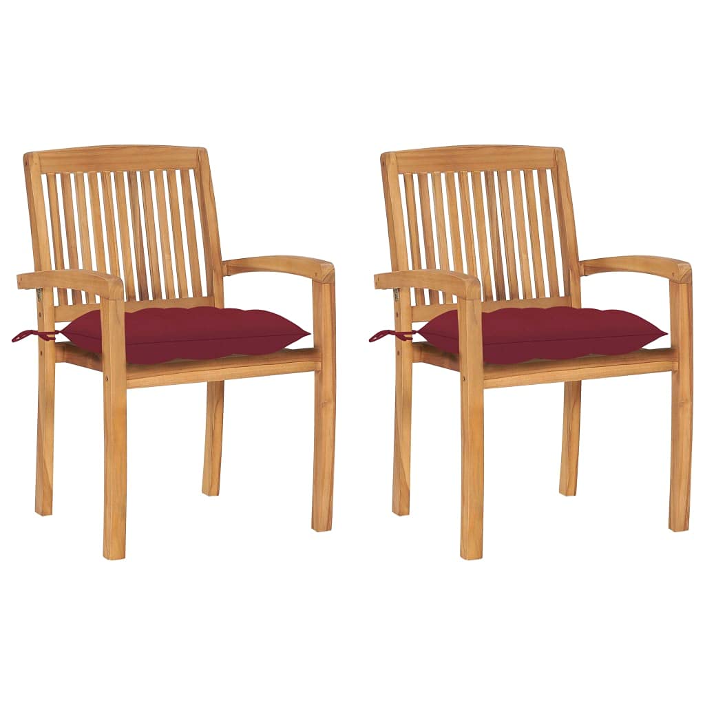 Vidaxl Teak Wood Patio Chairs With Wine Red Cushions - Set Of 2 - Solid Construction, Weather-Resistant, Ideal For Indoor And Outdoor Use, Comfortable Slatted Backrest And Curved Armrest