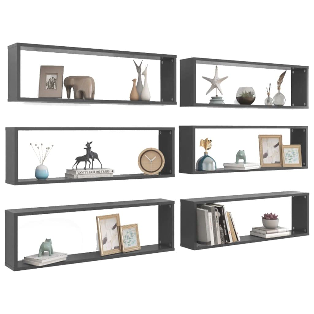 vidaXL Cube Wall Shelves 6 Pieces Grey 100 x 15 x 30 cm in Particle Board