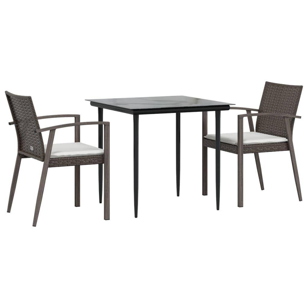 vidaXL 3-Piece Patio Dining Set - Weather-Resistant Black Poly Rattan and Steel Frame with Comfortable Cushions and Smooth Tempered Glass Tabletop