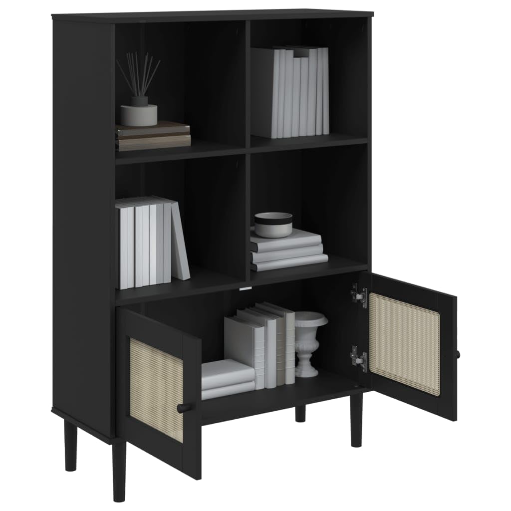 vidaXL SENJA Solid Pine Wood Bookcase - Black, Rattan Look Surface, Ample Storage Space, Handcrafted, Versatile for Office, Living Room, Bedroom