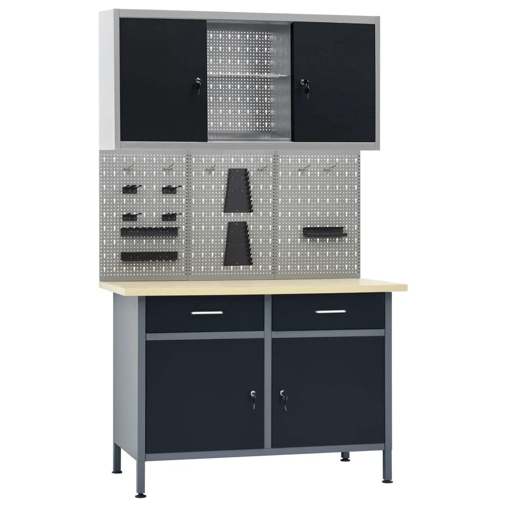 vidaXL Workbench and Storage Solution - Steel/Engineered Wood - 47.2&quot; Workstation with Drawers, Cabinet, Wall Panels, Adjustable Shelves