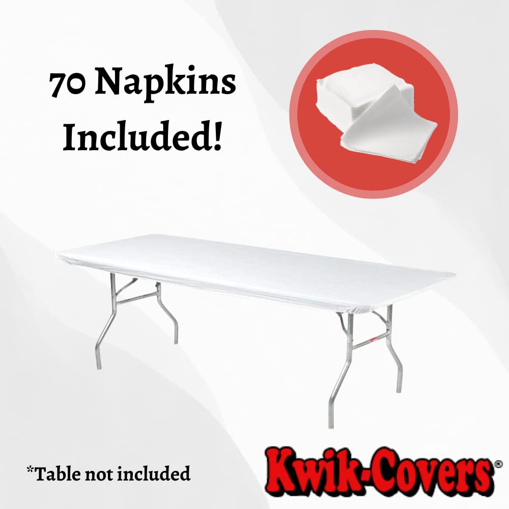 Kwik-Covers 6' Rectangular Plastic Table Covers Bundle Of 5 With Seventy (70) Ohm Commerce Paper Napkins - Indoor Or Outdoor Fitted Table Covers (Table Not Included) (30' X 72' White)