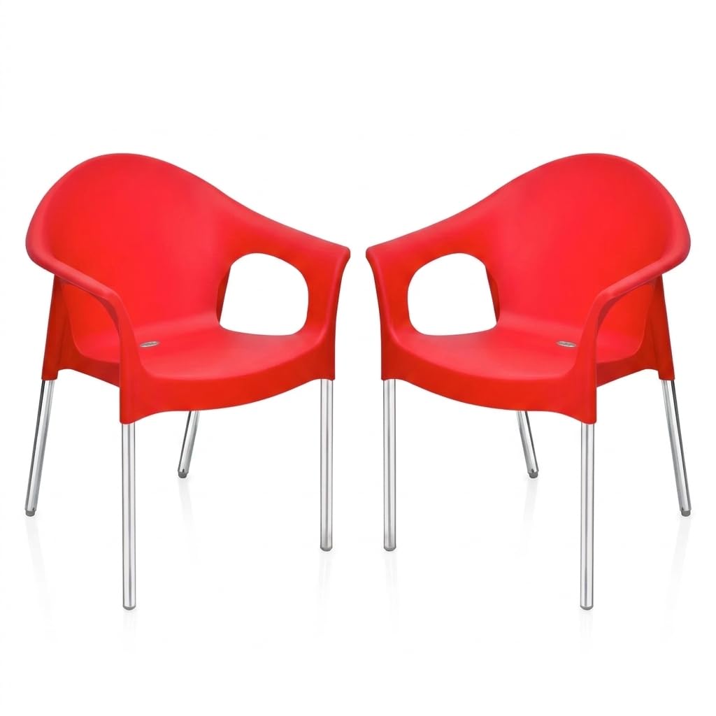 Nilkamal Plastic Chair For Cafe With Arm |Set Of 2 | 3 Year Warranty | For Home, Living Room, Outdoor | Bright Red Colour | Ns09