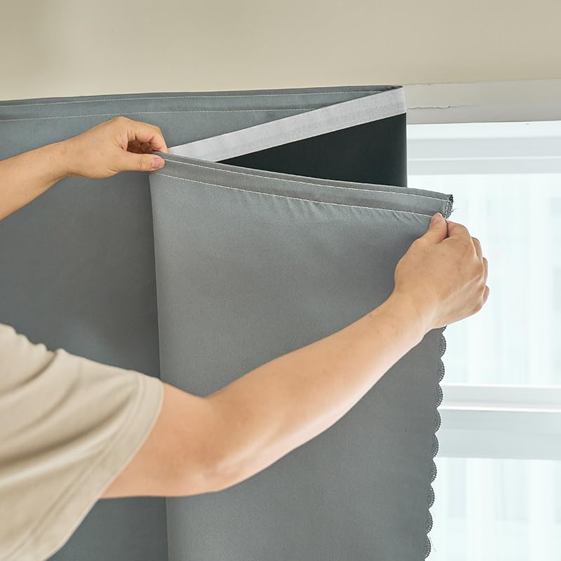 AJAZZ 100% Blackout Stick Curtain Portable Blackout Curtains Adhesive Curtains for Bedroom Living Room No Drilling (Silver, 47 W