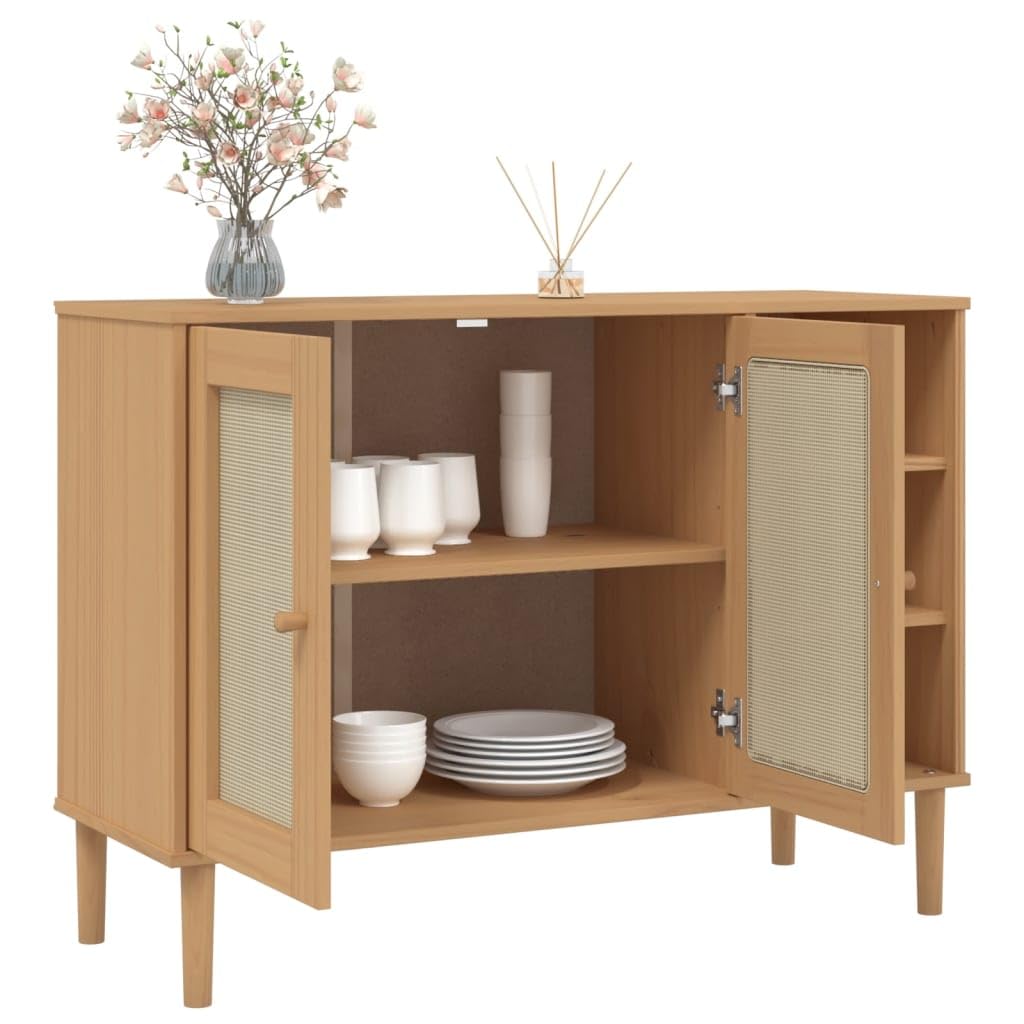 vidaXL Solid Pine Wood Sideboard with Rattan Look Doors - UV Varnish Brown SENJA - Ample Storage - Combined Modern and Boho Style