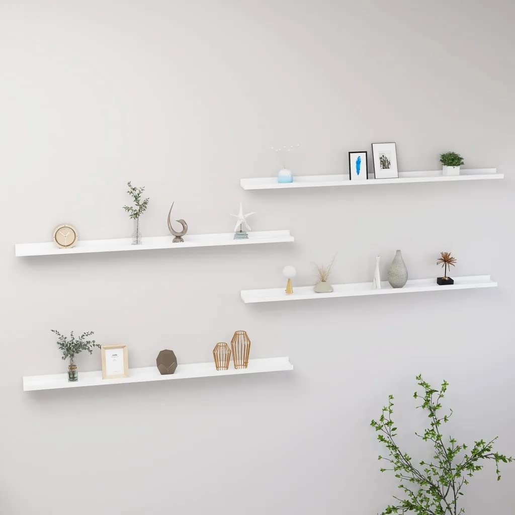 vidaXL 4-Piece White MDF Wall-Mounted Shelves 45.3&quot;x3.5&quot;x1.2&quot; - Perfect for Decor Display, Storage, Easy Assembly, Durable, Sturdy and Easy to Clean