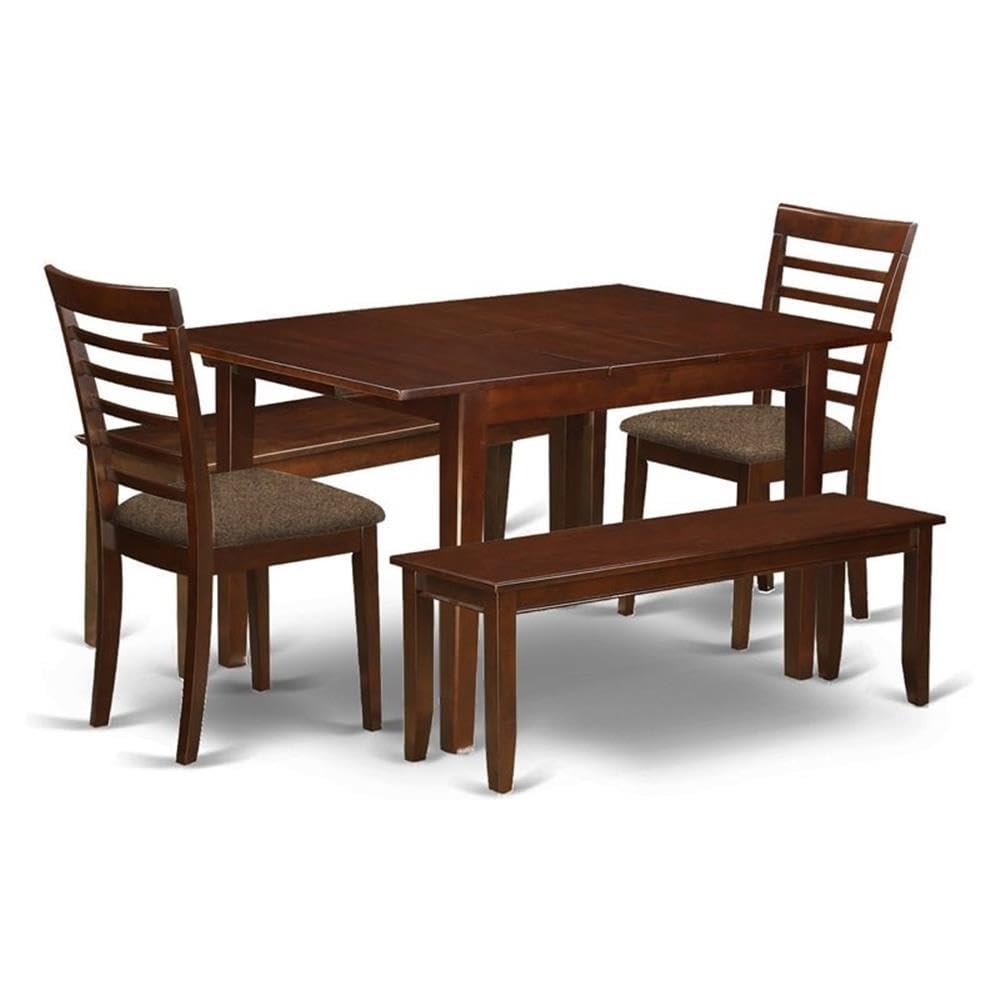 East West Furniture Mila5D-Mah-C 5 Piece Dining Table Set Includes A Rectangle Kitchen Table With Butterfly Leaf And 2 Linen Fabric Dining Chairs With 2 Benches, 36X54 Inch, Mahogany